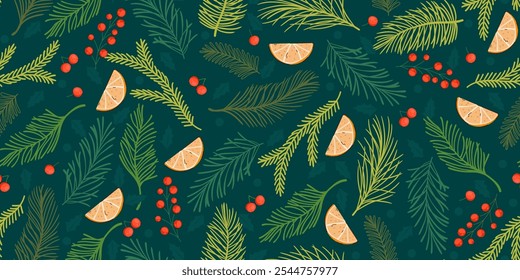 Christmas background with Foliage: Berries, Fir Branches and fruits. Seamless Pattern perfect for print, wrapping paper, fashion, holidays.