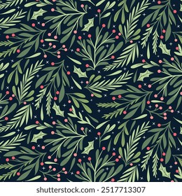 Fondo de Navidades, follaje, botánico, bayas, ramas, verde, azul, estético, abstracto, núcleo de la cabaña, impresión, tela, textura, estilo de silueta plana, ilustración de Vector, patrón sin costuras. 