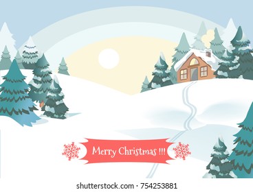 Christmas background with forest and house