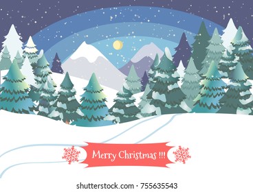 Christmas background with forest and mountains at night