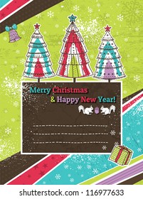 christmas background with forest of christmas trees and label for wishes, vector illustration