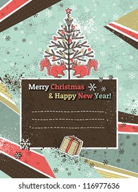 christmas background with forest of christmas trees and label for wishes, vector illustration