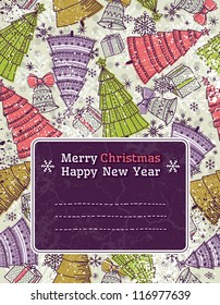 christmas background with forest of christmas trees and label for wishes, vector illustration