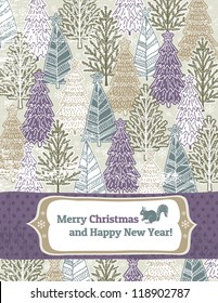christmas background with forest of christmas trees, vector illustration