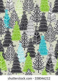 Christmas background with forest of christmas trees, vector illustration