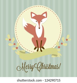 Christmas background with a Fox, frame and ribbon