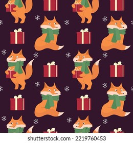 Christmas background with fox. Funny fox in a knitted scarf. Vector illustration for holidays.