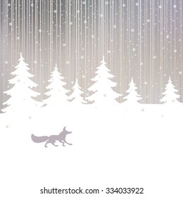 Christmas background with fox and winter spruce tree in evening winter forest. Vector card