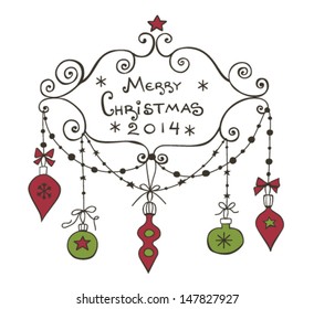 Christmas background with frame, baubles and garlands 