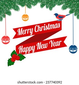 Christmas background frame with bird and holly leafs on white, vector illustration