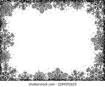 Weihnachtshintergrund mit Rahmen aus schwarzen Schneeflocken und Sternen. Vektorgrafik