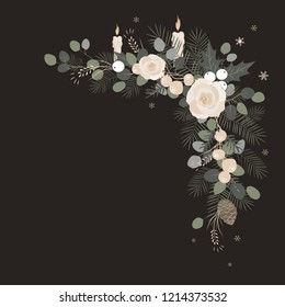 Christmas background. Christmas frame element made of fir branches and pine cones