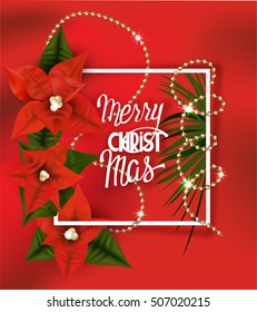 Christmas background with frame, gold beads and poinsettia flowers. Vector illustration