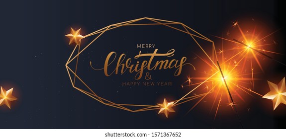 Christmas background with frame gold star, glitter, bokeh. Template for your design. Can use for card, party invitation, poster design.