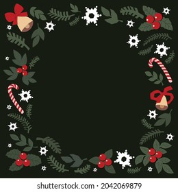christmas background frame made of drawn cute elements. mistletoe, snowflakes, spruce, bells, lollipops. for Christmas cards, posters. vector flat illustration
