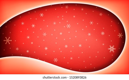 Christmas background with frame on bright red color with big and small snowflakes on backdrop.