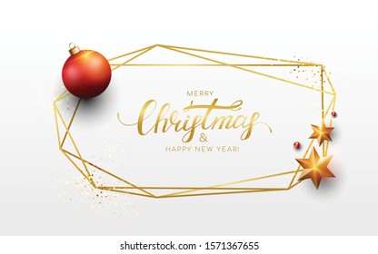 Christmas background with frame, red balls, gold star, glitter. Template for your design. Can use for card, party invitation, poster design.