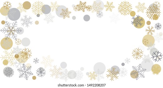 Christmas background frame with snowflakes and place for text. Winter gold and silver snow minimal decoration on white, greeting card. New Year Holidays backdrop. Vector illustration EPS 10