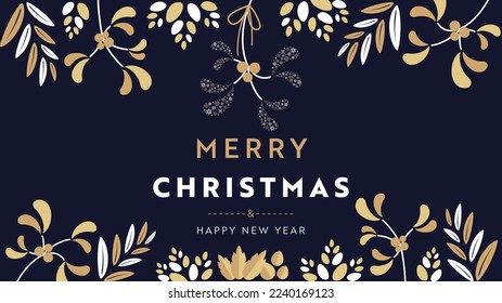 Christmas background frame template decorated with mistletoe made of snowflakes and many plants (blue)
