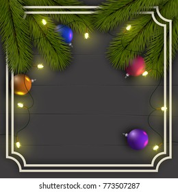 Christmas background. Frame of Christmas tree branches. With a garland of lights and shiny balls. Eps 10