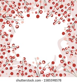 Christmas background frame with xmas branches, berries and other elements. Vector template for Winter isolated greeting card with place for text