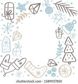 Christmas background frame with xmas gifts, caps, hats and other elements. Vector template for greeting card with place for text. Winter frame isolated.