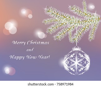 Christmas background. Frost on a Christmas tree branch and Christmas ball. Ball hanging on a string. The snow on the branches sparkle. Bokeh. Background for postcard