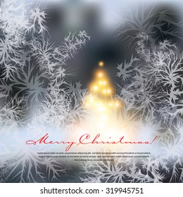 Christmas background. Frost pattern on window glass.  The illustration contains transparency and effects. EPS10