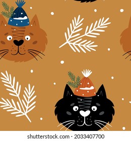 Christmas background with funny cat. New Year's design for wrapping paper, fabric, covers and cards.