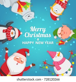 Christmas background with funny characters. Design template with place for your text. Christmas banner card template with snowman and elf illustration