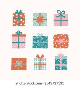 Christmas background with funny hand drawn gift boxes. Vector illustration