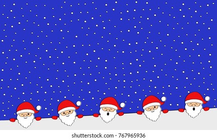 Christmas background with funny hand drawn Santa Claus and snowflakes. Vector.