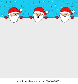 Christmas background with funny hand drawn Santa Claus and snowflakes. Vector.