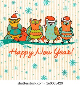 christmas background with funny owls.