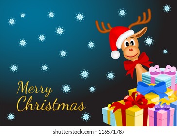 christmas background with funny reindeer and gifts on dark background with snowflakes, vector illustration, eps10