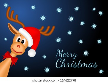 christmas background with funny reindeer and text Merry Christmas - vector illustration