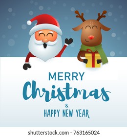 Christmas background. Funny Santa and Reindeer. Vector illustration with Merry Christmas and Happy new year message