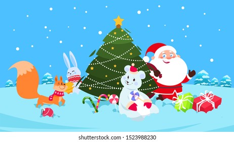 Christmas background. Funny snow animals, christmas tree, Santa cartoon characters. Polar bear, fox, rabbit and sweets