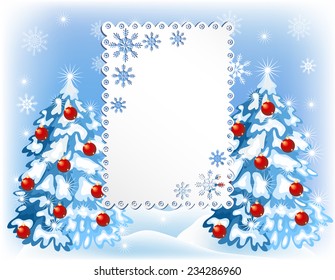 Christmas background with fur trees with red balls and place for inscription