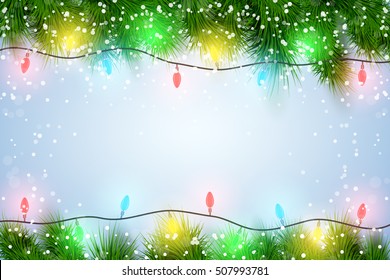 Christmas background with Garland Lights Decorations and spruce fir tree and snow. Winter Holiday xmas mockup and backdrop. Vector Illustration.