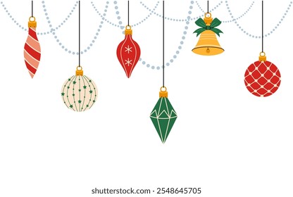 Christmas background. Garland of Christmas tree ornaments. Set of holiday glass balls for Christmas tree. Flat vector illustration on white background. 