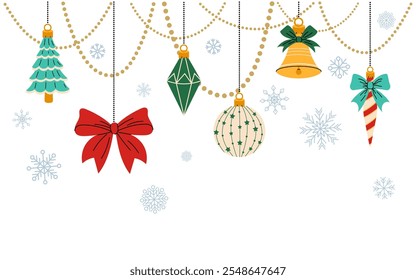 Christmas background. Garland of Christmas tree ornaments and snowflakes. Set of holiday glass balls for Christmas tree. Flat vector illustration on white background. 