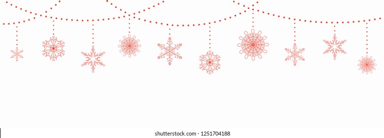 Christmas background with garlands and hanging snowflakes, on white. Vector illustration. Flat style design. Concept for winter holiday banner, greeting card, decorative element.