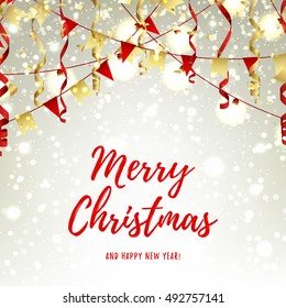 Christmas background with garlands and serpentine. Red and gold vector illustration with shining sparks for xmas design. Happy New Year backdrop with snow and lights.