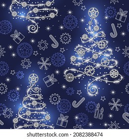 Christmas background with gears, rivets, wire, sparkles and christmas tree made of silver wire, gears, sparkles, little scattered stars on a blue backdrop. Seamless pattern, steampunk style