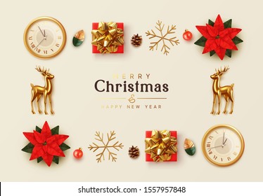 Christmas background. General view flat, flower red Poinsettia flor de Navidad. Symbol Christmas Flower Star Euphorbia pulcherrima. gift box, gold snowflake, Xmas ball, old clock, Gold metal Reindeer