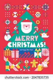 Christmas background with geometric composition of holiday,s simbols santa, deer, christmas tree, gingerbread man, angel, gifts, snowman. Modern creative concept. Banner, poster, cover, party.