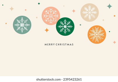 Christmas background with geometric shapes. Flat colorful vector illustration in minimalist style. Snowflakes with grunge texture. Christmas decorations with geometric patterns.