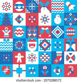 Christmas background with geometric simbols Santa, deer, angel, gingerbread, gifts, balls, snowflakes. Seamless pattern for fabric, wrapping paper, wallpaper, gift packaging, greeting card.