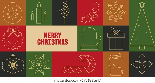 Navidades de fondo en estilo geométrico con iconos lineales. Ilustración vectorial.
